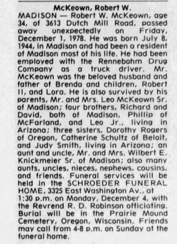 Obituary for Robert W. McKeown, 1944-1978 (Aged 34)
